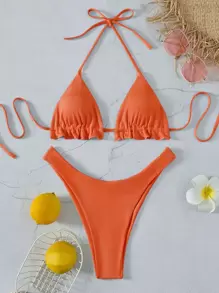 SHEIN Swim Summer Beach Rib Frill Trim Halter Triangle Bikini Set, Bathing Suit - Burnt Orange - View 5