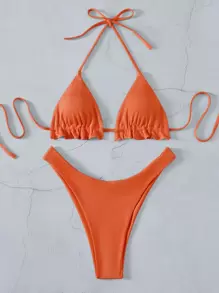 SHEIN Swim Summer Beach Rib Frill Trim Halter Triangle Bikini Set, Bathing Suit - Burnt Orange - View 6