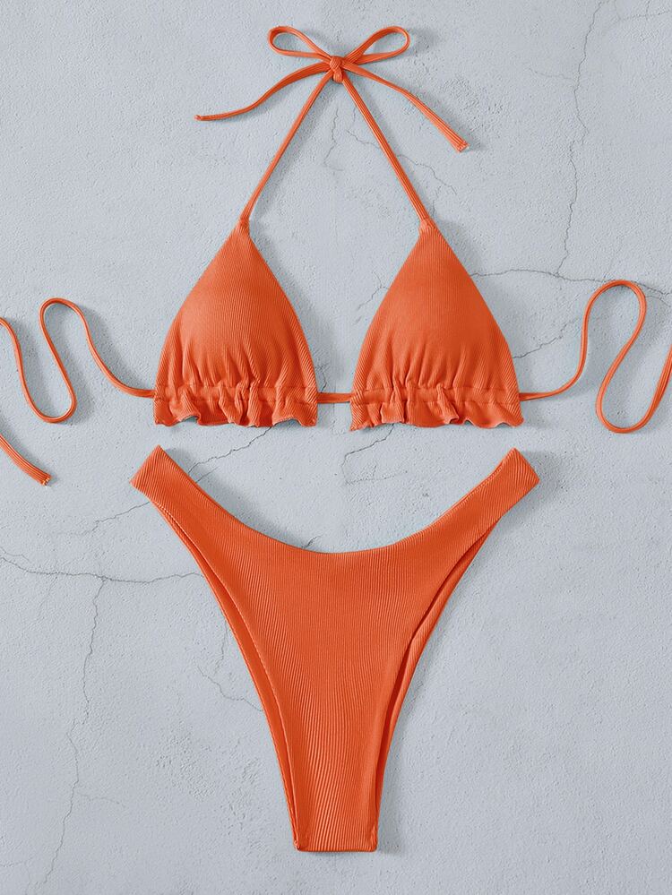 SHEIN Swim Summer Beach Rib Frill Trim Halter Triangle Bikini Set, Bathing Suit - Burnt Orange - View 6