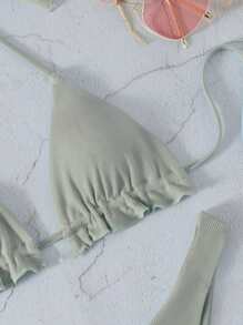 Rib Frill Trim Halter Triangle Bikini, For Summer Beach Vacation - Light Grey - View 3