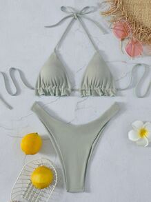 Rib Frill Trim Halter Triangle Bikini, For Summer Beach Vacation - Light Grey - View 4