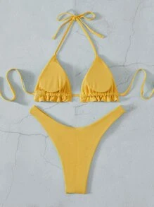 SHEIN Swim Summer Beach Plain Rib Frill Trim Halter High Cut Bikini - Yellow - View 2