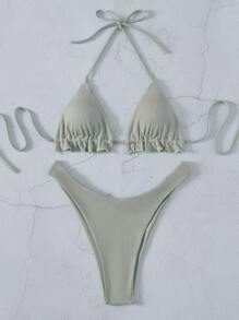 Rib Frill Trim Halter Triangle Bikini, For Summer Beach Vacation - Light Grey - View 5