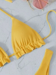 SHEIN Swim Summer Beach Plain Rib Frill Trim Halter High Cut Bikini - Yellow - View 4