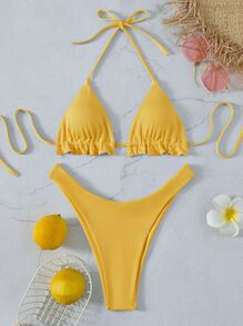 SHEIN Swim Summer Beach Plain Rib Frill Trim Halter High Cut Bikini - Yellow - View 5