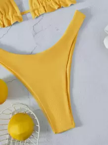 SHEIN Swim Summer Beach Plain Rib Frill Trim Halter High Cut Bikini - Yellow - View 6