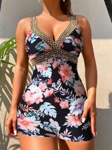 Floral Stitch Detail Cut-Out One Piece Swimsuit, For Summer Beach Vacation - Multicolor - View 1