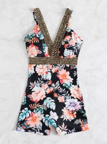 Floral Stitch Detail Cut-Out One Piece Swimsuit, For Summer Beach Vacation - Multicolor - View 5