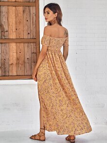 SHEIN LUNE Off Shoulder Floral High Split Dress - Multicolor - View 2