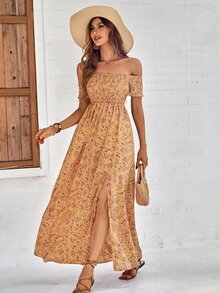 SHEIN LUNE Off Shoulder Floral High Split Dress - Multicolor - View 4