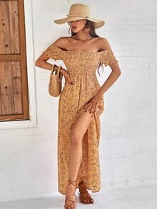 SHEIN LUNE Off Shoulder Floral High Split Dress - Multicolor - View 5