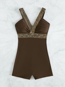 Stitch Detail One Piece Swimsuit, For Summer Beach Vacation - Coffee Brown - View 4