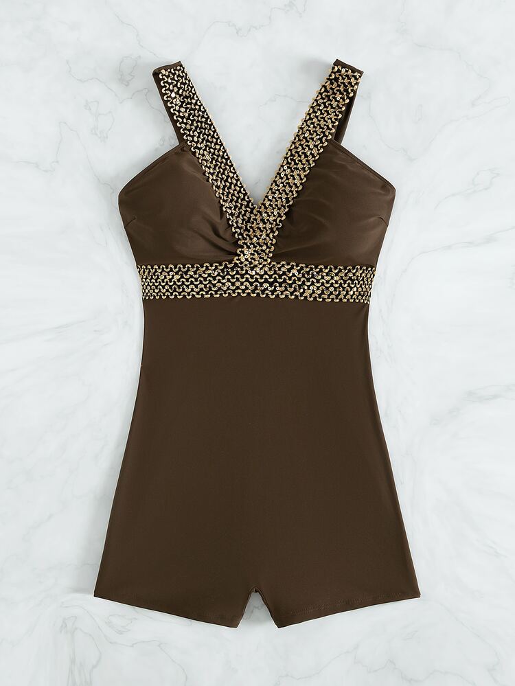 Stitch Detail One Piece Swimsuit, For Summer Beach Vacation - Coffee Brown - View 4