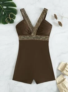Stitch Detail One Piece Swimsuit, For Summer Beach Vacation - Coffee Brown - View 5