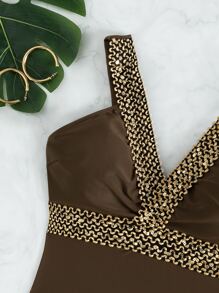 Stitch Detail One Piece Swimsuit, For Summer Beach Vacation - Coffee Brown - View 6