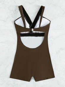 Stitch Detail One Piece Swimsuit, For Summer Beach Vacation - Coffee Brown - View 7