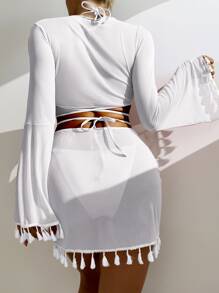 Selianne Summer Beach 4packs Lace Up Halter Thong Bikini & Cover Up Top With Skirt Set - White - View 2