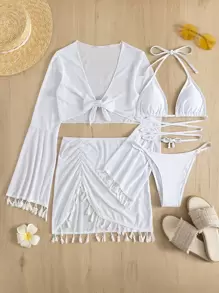 Selianne Summer Beach 4packs Lace Up Halter Thong Bikini & Cover Up Top With Skirt Set - White - View 3