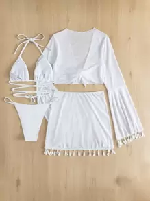 Selianne Summer Beach 4packs Lace Up Halter Thong Bikini & Cover Up Top With Skirt Set - White - View 4