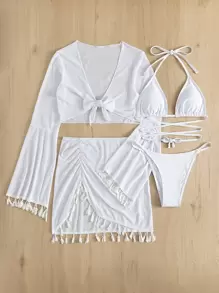 Selianne Summer Beach 4packs Lace Up Halter Thong Bikini & Cover Up Top With Skirt Set - White - View 7