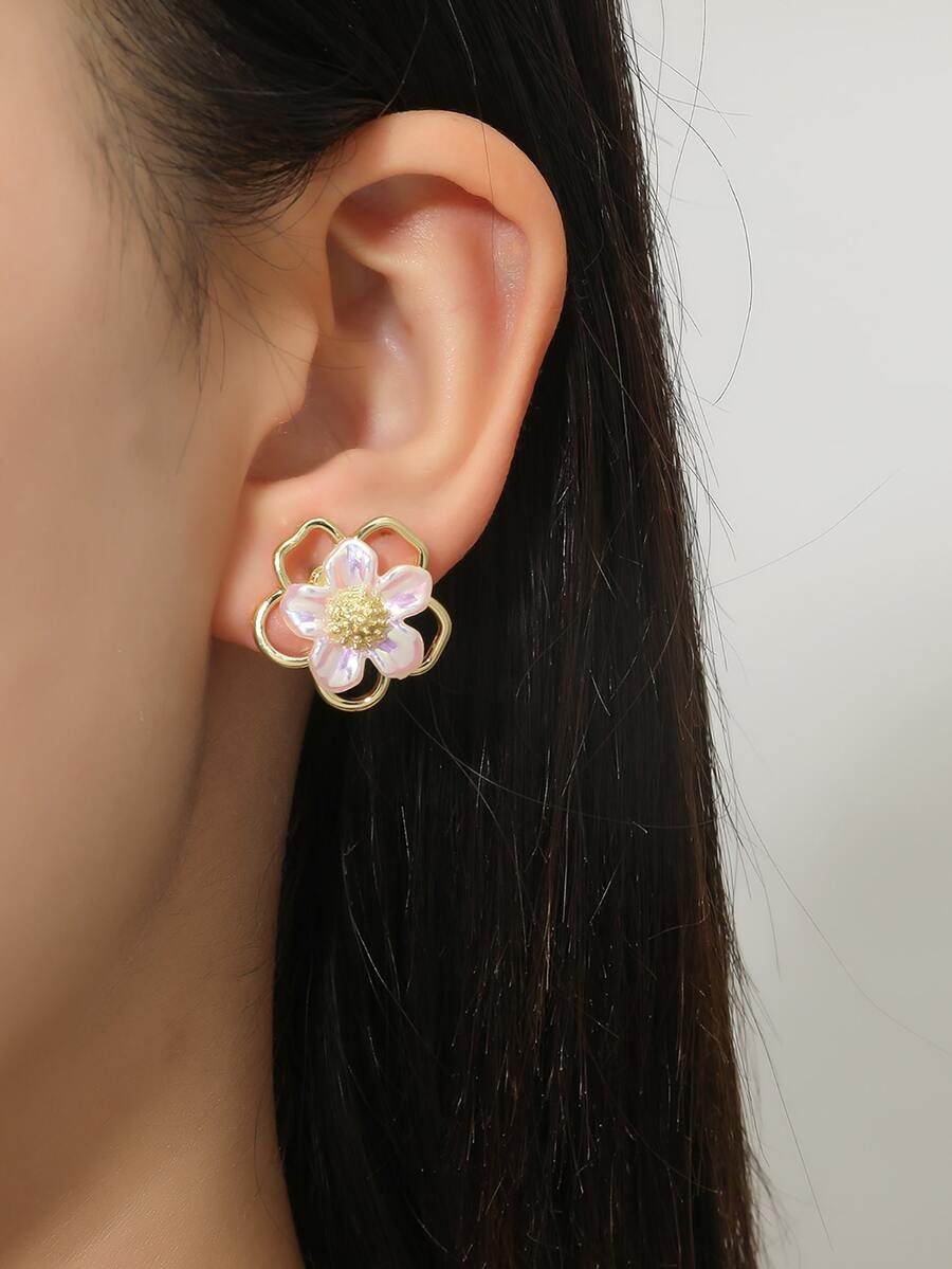 花朵設計耳釘 - 金黃色 - 查看 1