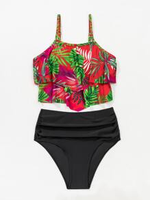 Tropical Print Tiered Layer Tankini Summer Beach - Multicolor - View 4
