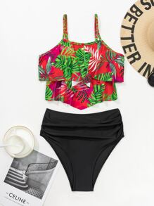Tropical Print Tiered Layer Tankini Summer Beach - Multicolor - View 5