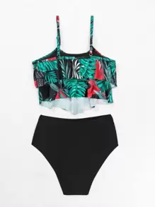 SHEIN Swim Tankini à imprimé tropical et à plusieurs niveaux pour la plage d\'été