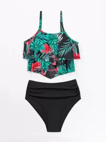 SHEIN Swim Tankini à imprimé tropical et à plusieurs niveaux pour la plage d\'été