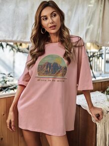 SHEIN Essnce Mountain And Slogan Graphic Drop Shoulder Tee