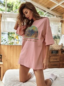SHEIN Essnce Mountain And Slogan Graphic Drop Shoulder Tee