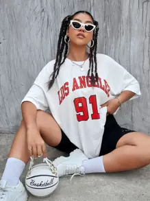 SHEIN Coolane Plus Size Letter Graphic Drop Shoulder Tee - White - View 1