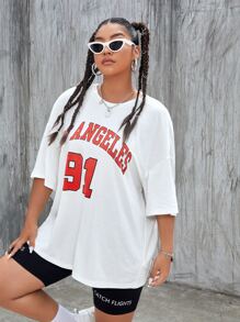 SHEIN Coolane Plus Size Letter Graphic Drop Shoulder Tee - White - View 5