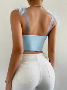 Chiquease Top de tirantes con encaje en contraste de hombro con nudo - Celeste - Ver 2
