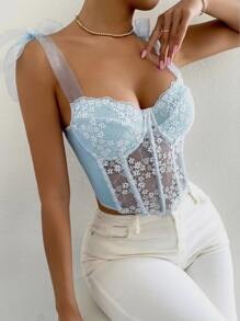 Chiquease Top de tirantes con encaje en contraste de hombro con nudo - Celeste - Ver 4