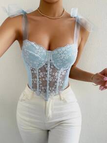 Chiquease Top de tirantes con encaje en contraste de hombro con nudo - Celeste - Ver 6