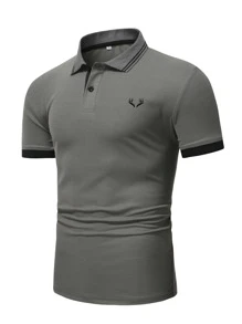 Manfinity Homme Men Antler Print Striped Trim Polo Shirt - Dark Grey - View 1