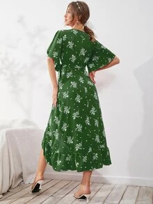 Modelyn 滿版印花蝴蝶袖結飾圍裹連衣裙 - 墨綠色 - 查看 2