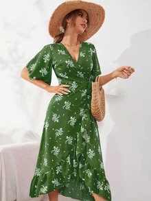 Modelyn 滿版印花蝴蝶袖結飾圍裹連衣裙 - 墨綠色 - 查看 5