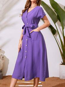 Mulvari Đầm Thắt lưng Túi Nút phía trước màu trơn Giải trí - Màu tím  Violet - Xem 1