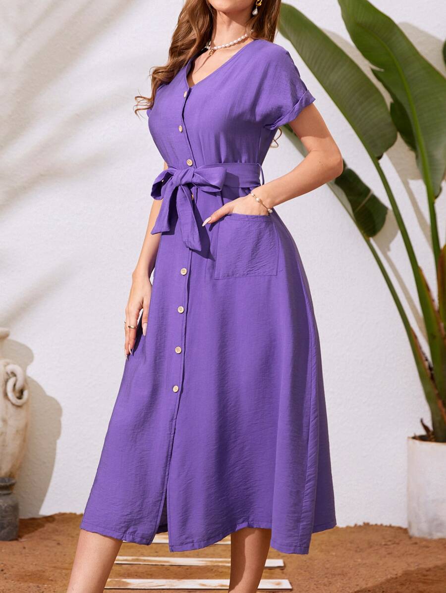 Mulvari Đầm Thắt lưng Túi Nút phía trước màu trơn Giải trí - Màu tím  Violet - Xem 1