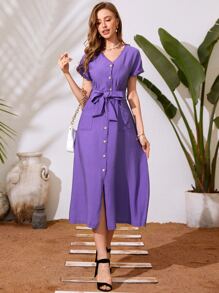 Mulvari Đầm Thắt lưng Túi Nút phía trước màu trơn Giải trí - Màu tím  Violet - Xem 3