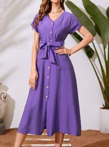 Mulvari Đầm Thắt lưng Túi Nút phía trước màu trơn Giải trí - Màu tím  Violet - Xem 4