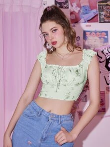 Sweetness Top tank floral pecho con fruncido - Verde - Ver 1