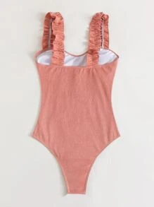 Frill Trim Rib One-Piece Swimsuit, For Summer Beach Vacation - Rusty Rose - View 2