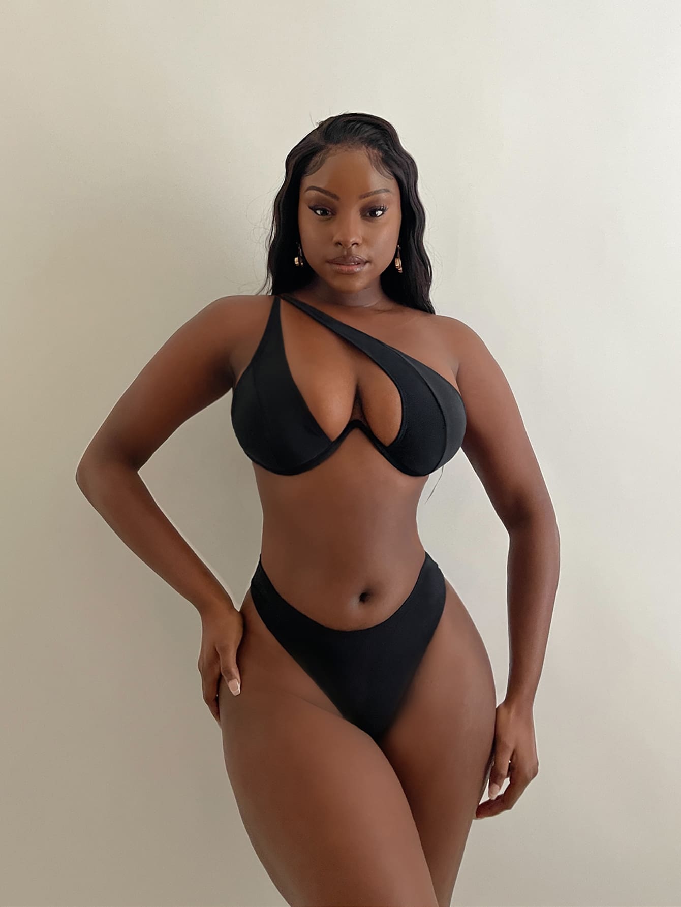 SHEIN Swim Summer Beach Mono Bikini Set Cut Out Push Up Bra Top & High Cut Bikini Bottom 2 Pieces Bikini - Black - View 1