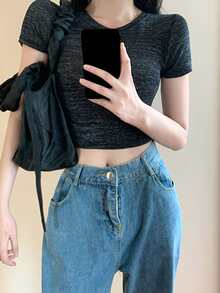 九分雜色針織T恤 - 黑色 - 查看 1