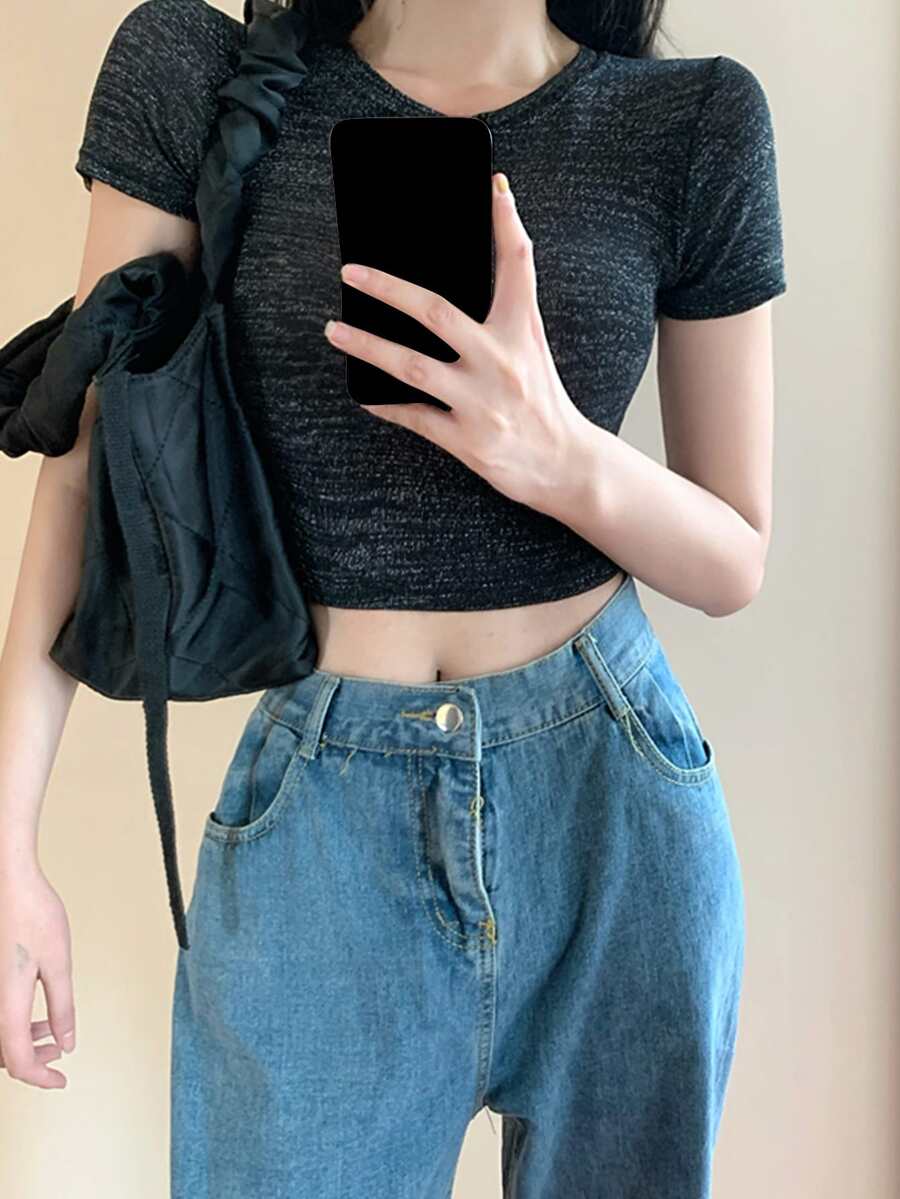 九分雜色針織T恤 - 黑色 - 查看 1