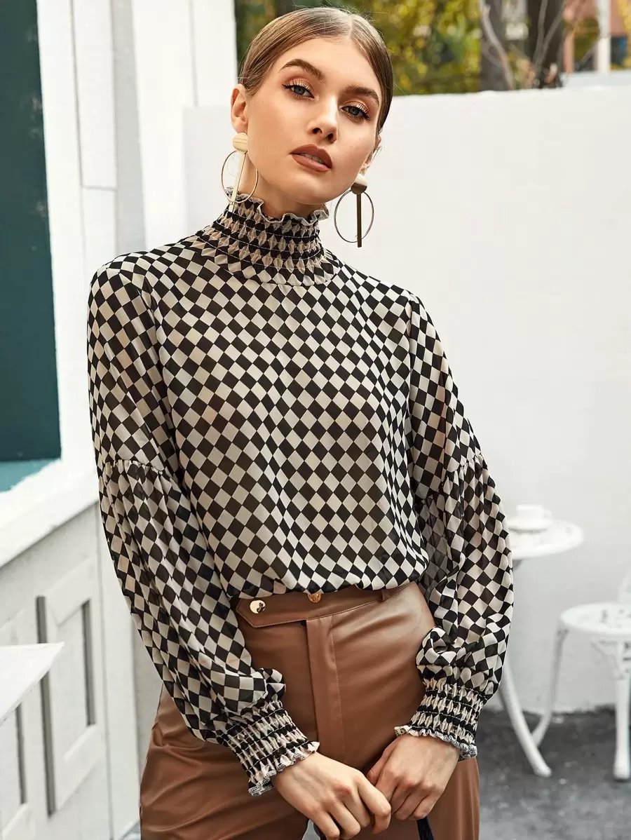 Frill Shirred High Neck Checkerboard Blouse - Multicolor - View 1