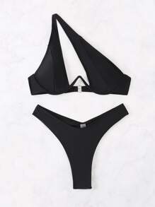 SHEIN Swim Summer Beach Mono Bikini Set Cut Out Push Up Bra Top & High Cut Bikini Bottom 2 Pieces Bikini - Black - View 5